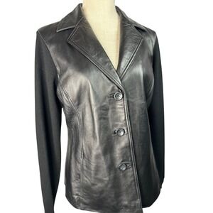 Leather & Knit Trim Blazer Jacket, Business Professional Moto Chic